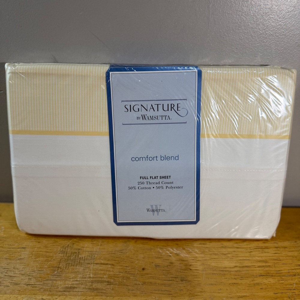 Wamsutta Full Flat Sheet Yellow White Ticking Stripe Vtg Signature 250TC NEW